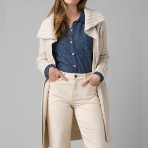 Prana Yunna Long Zip Cardigan Chunky Knit Oatmeal Ivory Wool Blend Coatigan XS